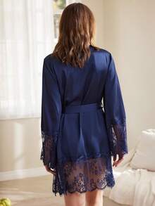 Women's Contrast Lace Elegant Long Sleeve Robe - Royal Blue - View 2