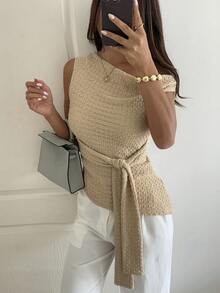 Livesso Áo kiểu trắng lệch vai thắt eo, thích hợp cho kỳ nghỉ hè. - Màu be - Xem 5