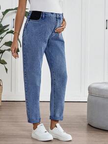 SHEIN Maternity Blue Denim Flared Cuff Pants - Medium Wash - View 6