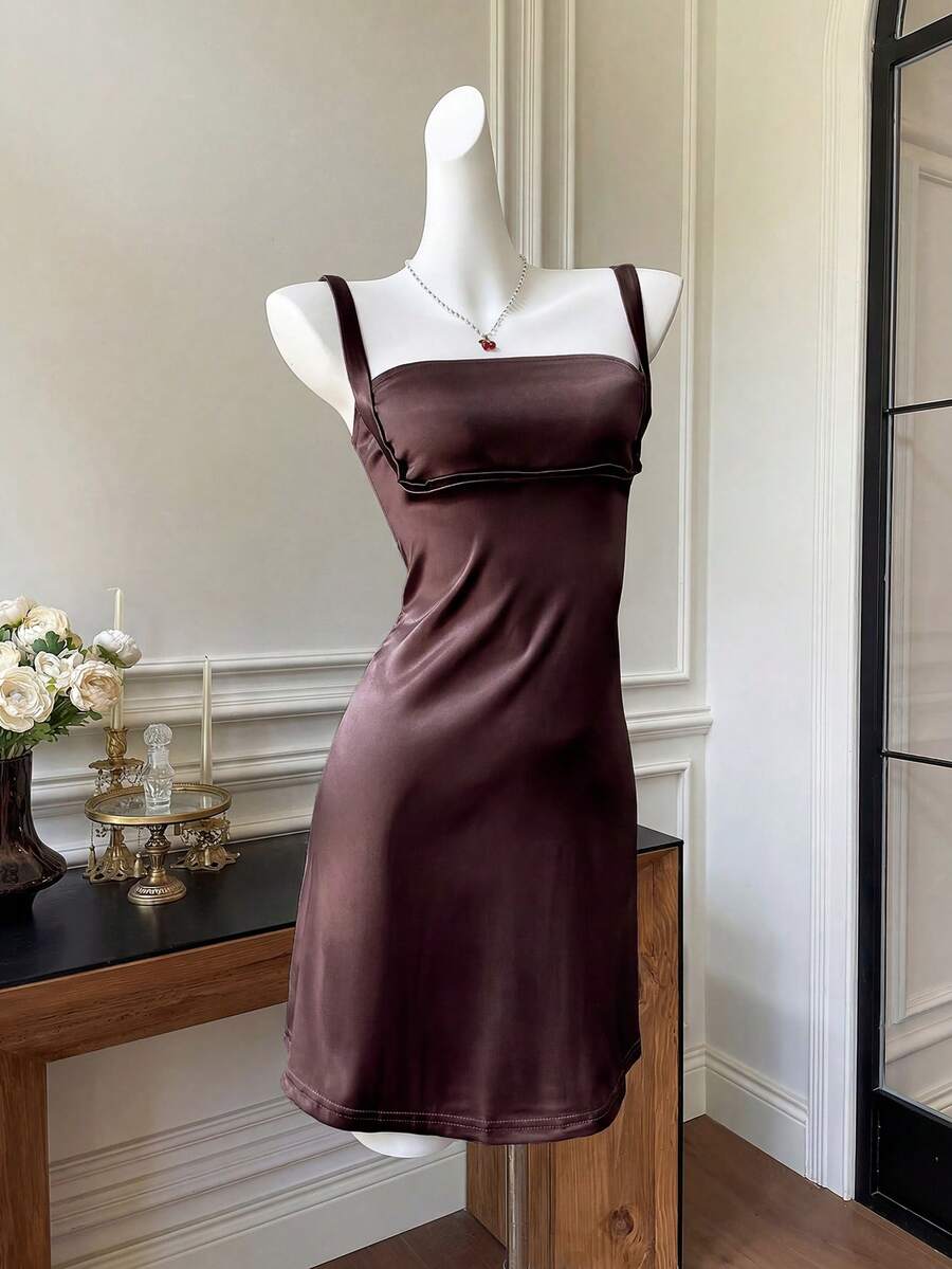 SHEIN EZwear Women Elegant Dark Brown Summer Party Dress,Solid Cami Spaghetti Strap Bodycon Mini Dress,High Quality Strappy Tube One Piece Dress - Chocolate Brown - View 1