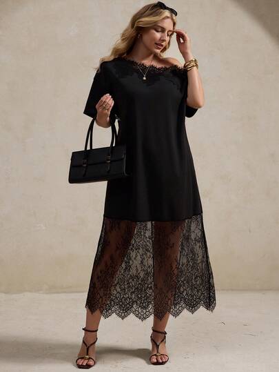 Elegantrix 大码女式春夏不对称蕾丝拼接优雅连衣裙