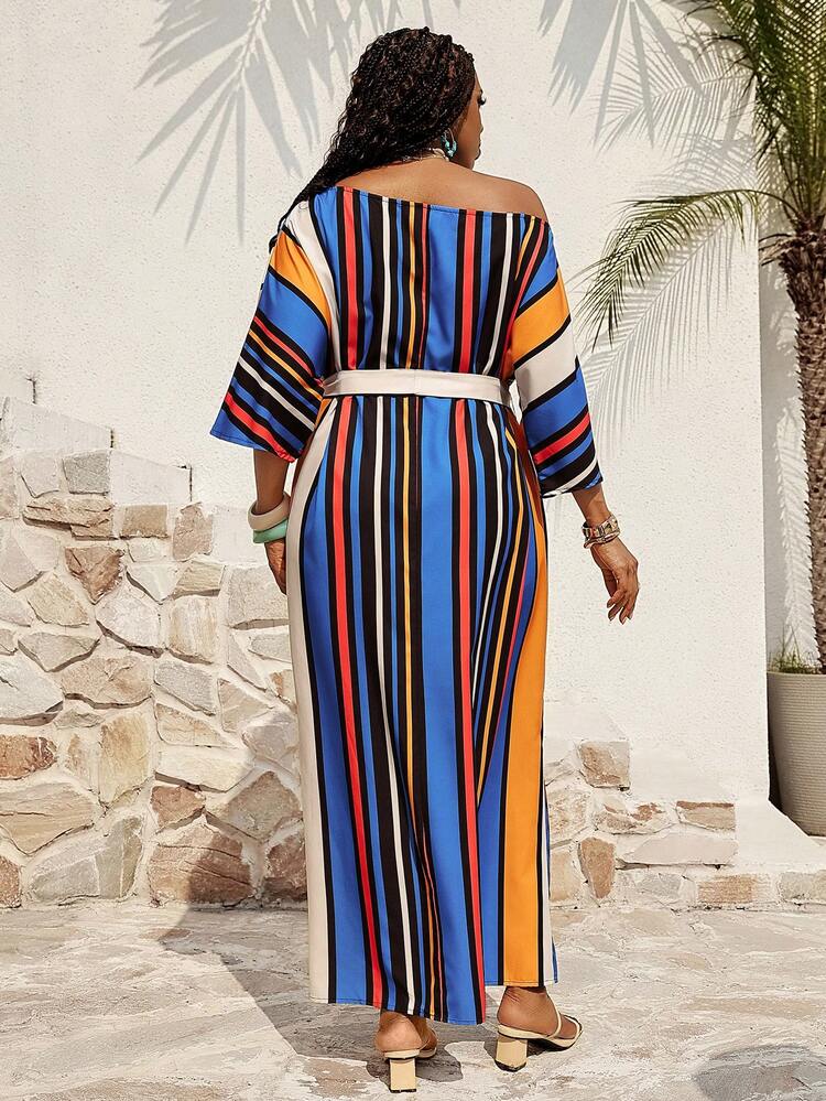 Plus Size Women's Casual Vacation Style Colorblock Striped Print Irregular Neck Tie Waist Dress, Spring/Summer/Autumn For Women Zanzea Dress For Women Summer Summer Outfits Spring Clothing Spring Outfit Festival Outfits For Women Beach Outfit For Women Vacation Outfits Women Holiday Outfits For Women Summer Holiday Outfits