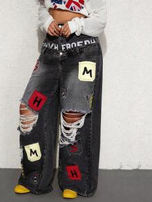 ROMWE Street Life Y2K Casual Street Style Pocket Embroidery Design Dual Waistband Loose Fit Denim Jeans - Black - View 6