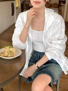 DAZY Women's Hooded Casual Korean Style Solid Color Long Sleeve Shirt, Spring/Summer Vacation - White - View 7