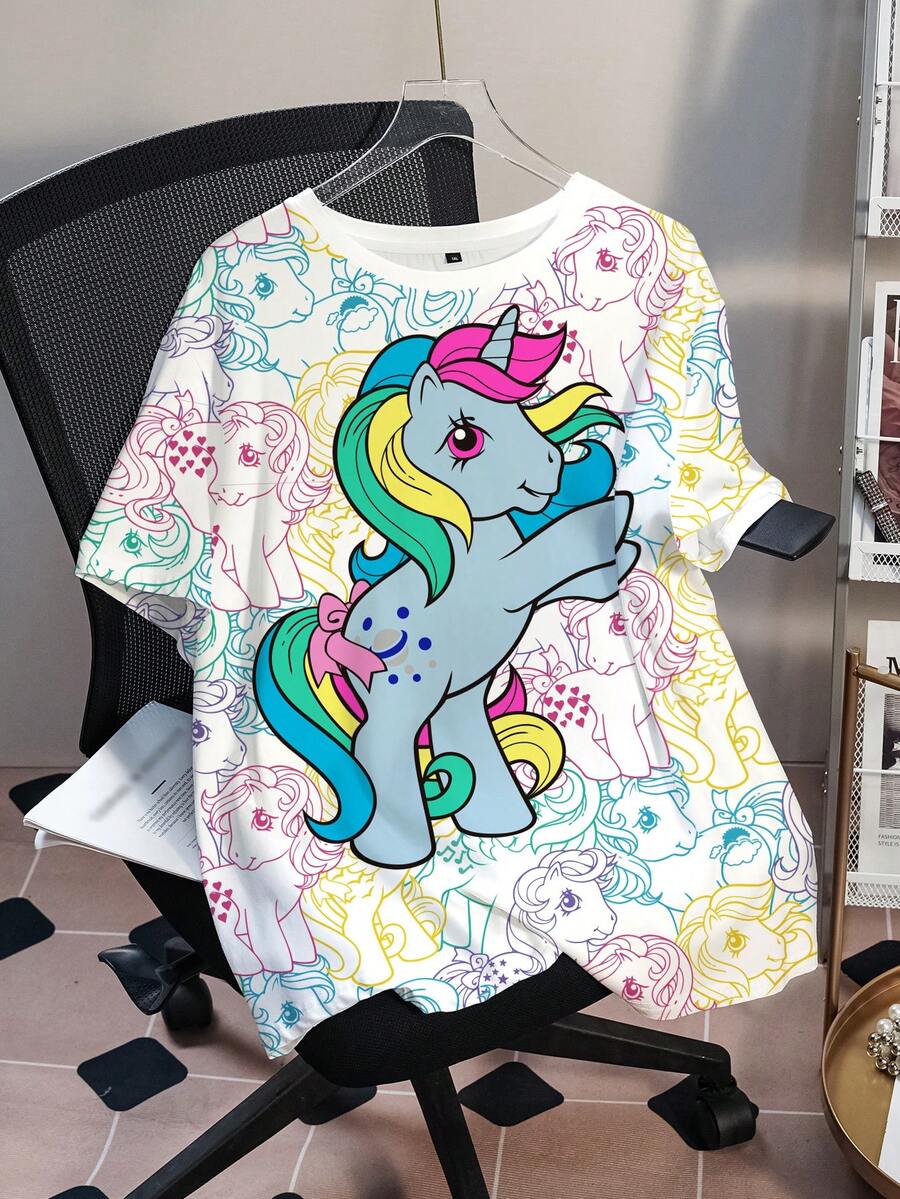 My Little Pony X SHEIN 大码女式卡通印花休闲百搭日常短袖T恤 - 白色 - 查看 1