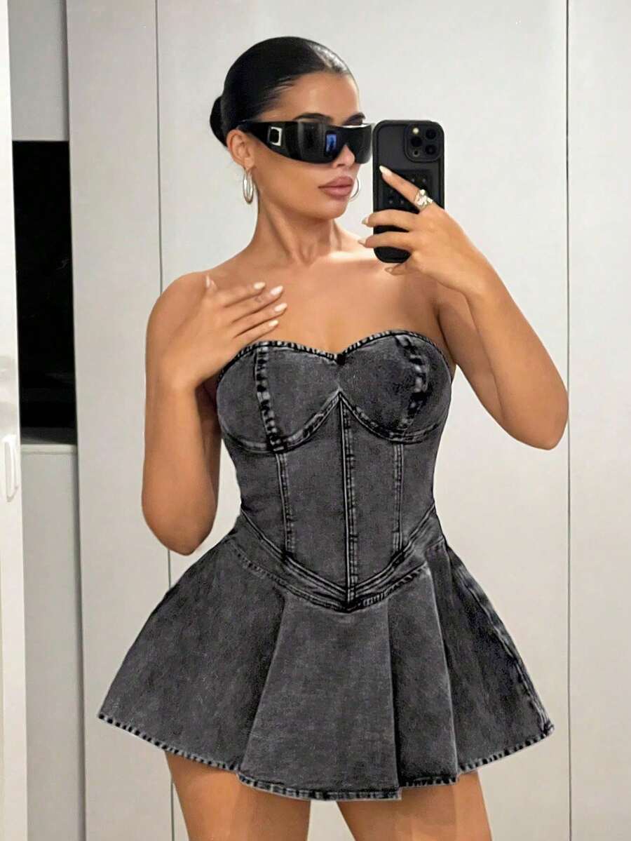 SHEIN ICON Váy Bandeau denim ngắn tối giản dành cho nữ, mặc thường ngày - màu đen - Xem 1