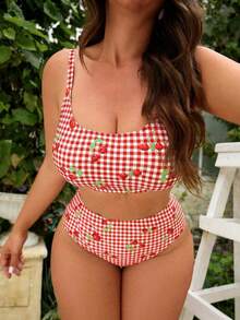 Swim Mod Plus Size 2pcs Gingham & Cherry Print Scoop Neck Top With High Waist Bottoms Swimwear Set, Suitable For Summer Beach & Vacation - Red and White - View 4