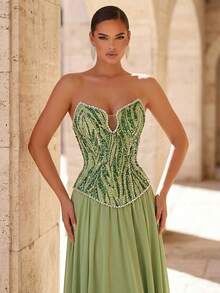 Glamrae Women's Elegant Luxury 3D Beaded Embroidered Chiffon Evening Gown,Asymmetrical Unique Neckline With Sequins,Extra-Large A-Line Skirt,Adjustable Waist - Grass Green - View 3