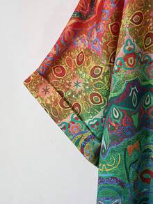 Zaforene Plus Size Women's Blue Boho Summer Vacation Ombre All-Over Print Round Neck Short Sleeve Shirt,Casual Country Style Festival Holiday Outfit Tops - Multicolor - View 5
