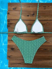 Swim Mod Bộ bikini 2 mảnh dành cho nữ, màu đen, họa tiết chấm bi trắng ngẫu nhiên, kiểu dáng ngọt ngào, dễ thương, cổ yếm, cạp cao, thích hợp cho mùa Xuân/Hè 2026. - màu xanh lá - Xem 2