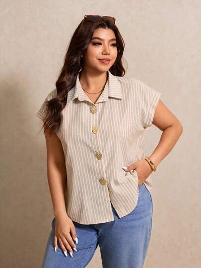 Elaquor Áo sơ mi tay cánh dơi kẻ sọc cài cúc phía trước, cỡ lớn, phong cách thường ngày, mùa hè.