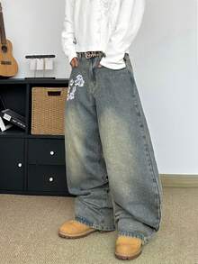 STEELVANCE Quần jeans ống đứng dáng rộng, chất liệu denim bạc màu, thêu họa tiết, thích hợp mặc hàng ngày theo phong cách đường phố. - Màu xanh lam - Xem 5