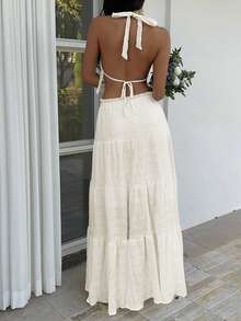 Sunnyshic White Bubble Textured V-Neck Halter Backless Crop Top And High Waist Ruffle Hem Loose Skirt 2 Piece Set, Elegant Romantic Vacation Party Minimalist Casual Daily Wear - Apricot - View 2