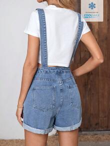 EMERY ROSE Women's Summer Casual Pocket Rolled Hem Denim Bib Pants - Light Wash - View 2