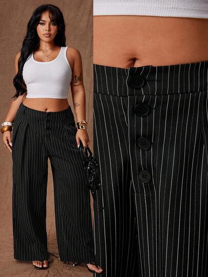 Rustia Spodnie damskie w dużych rozmiarach, czarne, w paski, retro, na wakacje, w stylu szkolnym, uniwersalne, romantyczne, urocze, zapinane na guziki z przodu, plisowane, z szerokimi nogawkami i elastyczną talią, luźne, codzienne, garniturowe, zwykłe, damskie, uniwersalne, szerokie, odpowiednie do pracy, dojazdów do pracy, wiosny, imprez dla singli, dojazdów do pracy, swobodnego stylu, spotkań z przyjaciółkami, kampusu, różnych okazji, swobodnego, biznesowego, wyjścia, atmosfery akademickiej, imprezy, plaży, urodzin, powrotu do szkoły i nie tylko, letniego, wiosennego stroju damskiego, strój na każdą porę roku