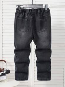 2pcs Young Boy Denim Set,Knit Contrast Patchwork Casual Fashion Outfit,Retro Black Stylish 2-Piece Set,Autumn,Career Day,Back-To-School,Loose Street - Black - View 6
