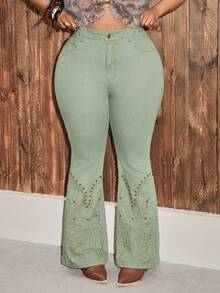 Slaydiva Plus Size Women High Waist Studded Flare Leg Jeans - Green - View 1