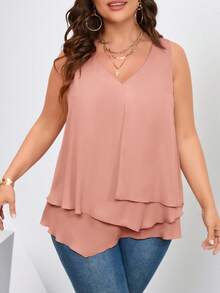 SHEIN Clasi Plus Size Women Solid Color Ruffle Hem Sleeveless Casual Shirt - Pink - View 5