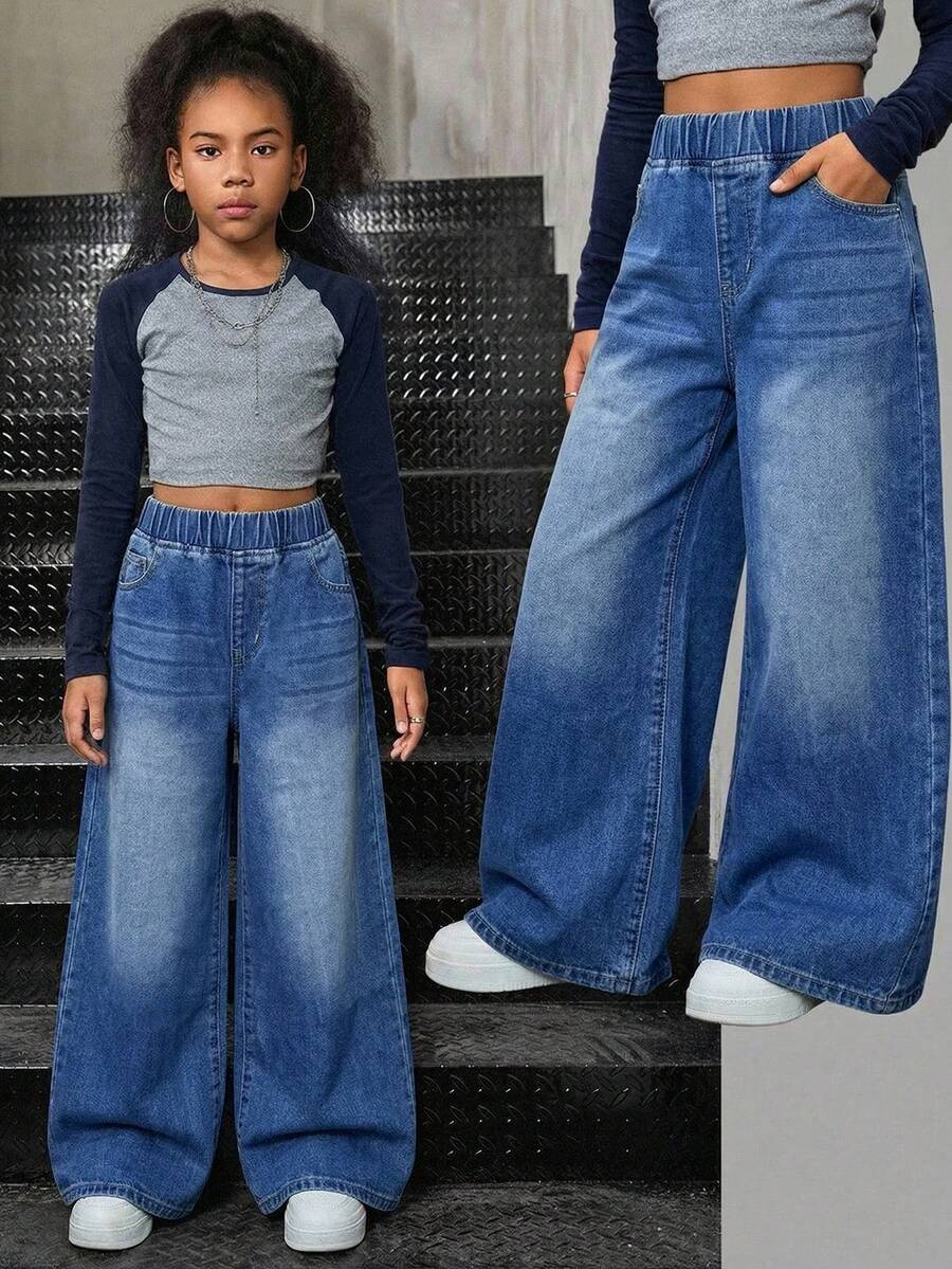 SHEIN Tween Girls' Casual Washed Wide Leg Jeans - Medium Wash - View 1