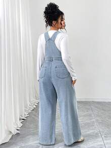 Elenzga Plus Size Women's Elegant & Comfortable Light Blue Non-Stretch Denim Bib Pants, Summer - Light Wash - View 2