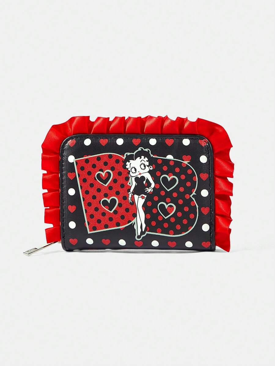 Betty Boop x SHEIN 復古 Betty 娃娃紅黑波點短版錢包 - 黑色A - 查看 1