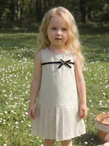 PrepCrw 1pc Young Girls' Elegant Urban School Style Black Bow Decor White Rose Print Sleeveless Loose Dress,Summer Sequin Traditional Wedding Party Dress - Apricot - View 8
