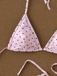 Swim Mod Women's Summer Beach Polka Dot Halter Tie Sexy Bikini Set With Matching Skirt 2 Pieces Set Swimwear - Pink - View 8
