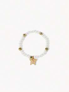 Opalesca 4pcs Bohemian Style Multilayer Elastic Bracelets With Creative Crystal, Butterfly, Faux Pearl Bead Design, Perfect For Ladies' Birthday Party - White - View 4