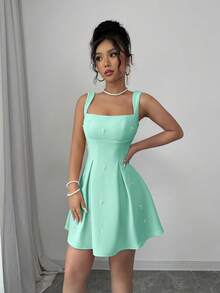 Rafferiza Đầm nữ màu trơn phối họa tiết, dây đeo rộng, đính đinh tán, kiểu dáng thường ngày. - màu xanh lá - Xem 3