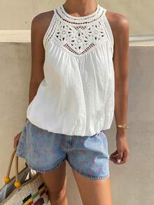 Livesso Women's Vacation Crochet Hollow Design Halter Blouse - White - View 3