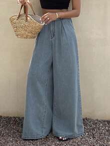Livesso Denim Casuais Plissados de Cintura Alta com Listras de Algodão, Primavera e Verão - Lavagem clara - Visão 5