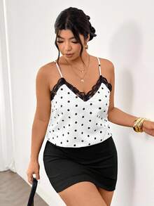Lounesse Camiseta de tirantes de talla grande de verano con estampado de lunares y parches de malla - Albaricoque - Ver 6