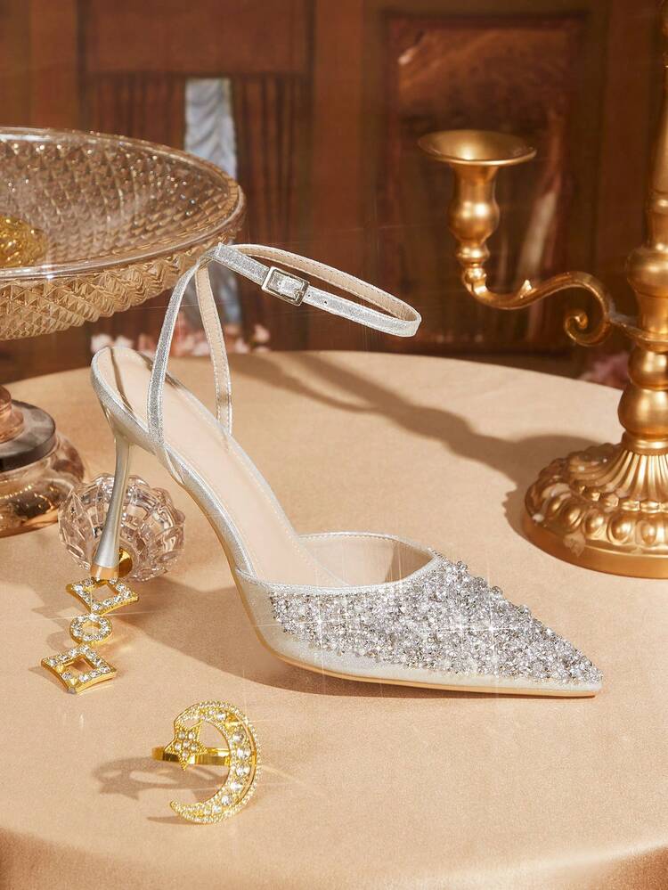 CUCCOO TILAWA Women's Pointed Toe Rhinestone Embellished Stiletto Heels, Sexy & Fashionable Ankle Strap Party/Club Pumps