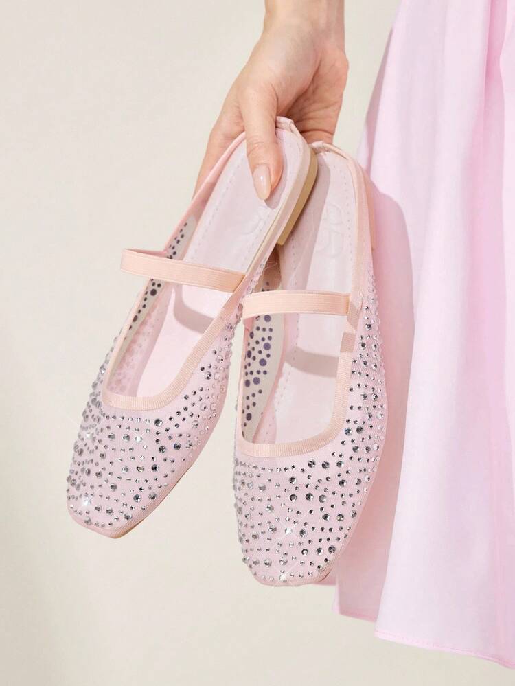 CUCCOO CHICEST Women Shoes Summer And Summer Fashion Pink Full Rhinestone Mesh Elastic Women Flat Mule Shoes Elegant When Comfortable Cute Sweet Women Flat Shoes Half Slippers Elegant Shoes Wedding Shoes Summer Shoes Bride Shoes