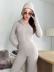 Abrilcols 女式休闲前拉链中下摆厚连帽连体裤，秋冬 - 杏色 - 查看 5