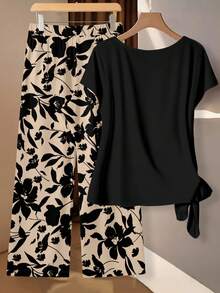 SHEIN Clasi Blusa de mujer con lazo y estampado de hojas florales, pantalones rectos sueltos conjunto de 2 piezas, adecuado para salidas, viajes al trabajo, elegante, romántico, chic, vacaciones en la playa - Multicolor - Ver 3