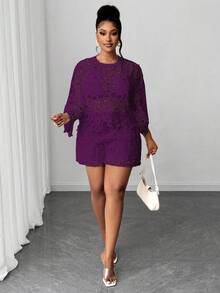 Maweii Plus Size Solid Color Round Neck Hollow Casual Blouse - Purple - View 5