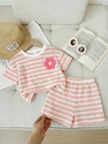 LMoss Kids Set 2 Potong Baju dan Celana Pendek Rajut Bergaris Leher Bulat untuk Bayi Perempuan - Berwarna merah muda - View 5