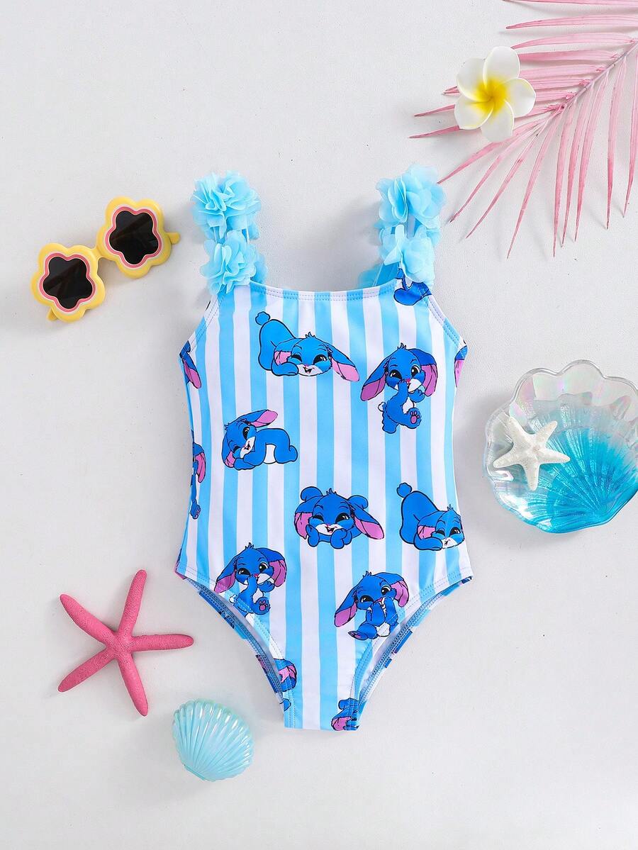 Emery Rose Kids Emery Rose Kids Maillot de bain une pièce mignon avec imprimé rayé et dessin animé pour jeune fille - Bleu et Blanc - Voir 1