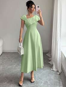 Modelyn Women's Solid Color Asymmetric Neck Ruched Waist Midi Dress - Avocado Green - View 4