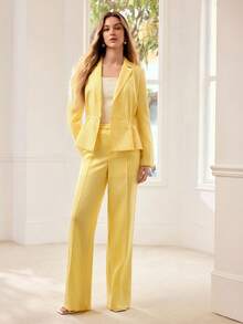 MOTF PREMIUM WOMEN'S LONG SLEEVE 100% LINEN CINCHED WAIST BLAZER, SUITABLE FOR DATES AND VACATIONS - Yellow - View 3