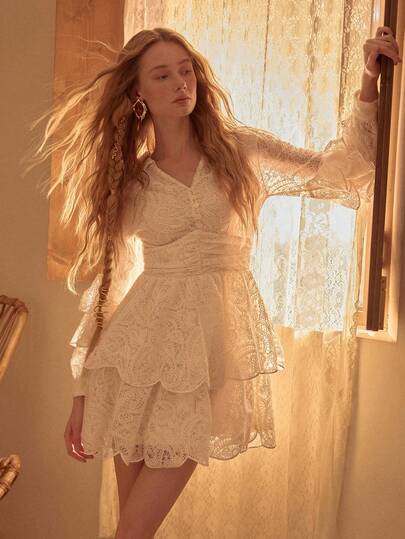 MOTF STUDIO WOMEN'S LACE LAYERED EMBROIDERED RUFFLE HEM MINI DRESS