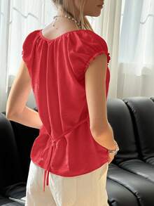 SHEIN Bubbli Áo thun nữ cổ bèo màu trơn kiểu dáng thường ngày - Đỏ - Xem 2