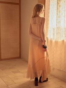 MOTF STUDIO WOMEN'S PLEATED CHIFFON SEQUIN EMBROIDERED ASYMMETRIC HEM CAMISOLE DRESS - Orange - View 6