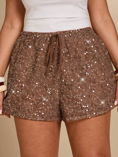 SHEIN BAE Pantalones cortos de uso diario versátil y casual con cintura con cordón y parches de lentejuelas para mujer de talla grande