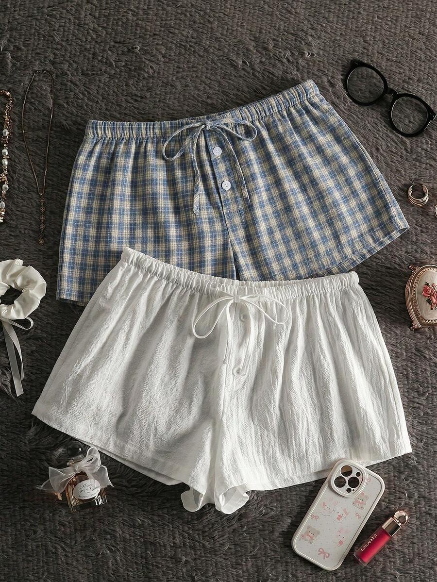 SHEIN EZwear 条纹梭织女式短裤套装 女式短裤 夏季女装 夏季休闲装 女士短裤两件套 - 彩色 - 查看 1