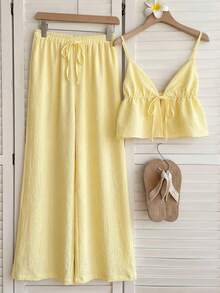 SHEIN EZwear 两件套梭织休闲女式系带吊带背心和裤子套装 - 鵝黃色 - 查看 3