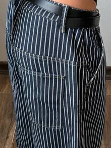 StreetHx Women's Fashion Casual Low Waist Striped Wide Leg Cropped Jeans - Dark Wash - View 7