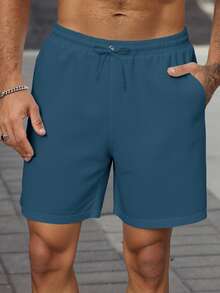 Manfinity Homme Men's Solid Color Oblique Pocket Knotted Casual Shorts, Spring/Summer, Holiday - Navy Blue - View 6