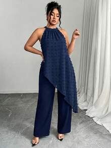 Elenzga Plus Size Halter Neck Sleeveless Elegant Summer Cinched Waist Asymmetrical Jumpsuit - Navy Blue - View 5